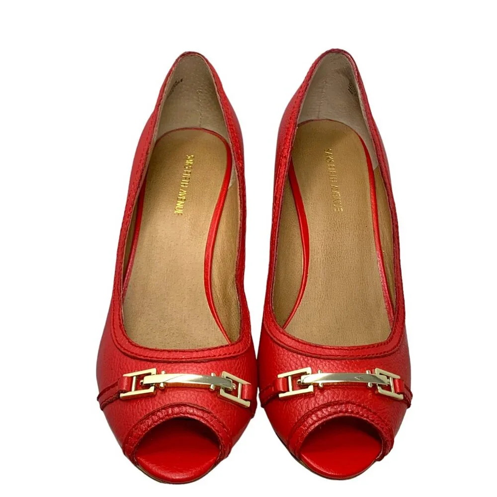 Saks Fifth Avenue‎ Coral Leather Horse Bit Peep Toe Wedge Pump